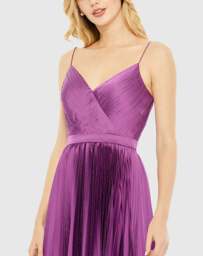 Daytime Dresses Women Mac Duggal Pleated Satin Flowy Midi Dress Amethyst