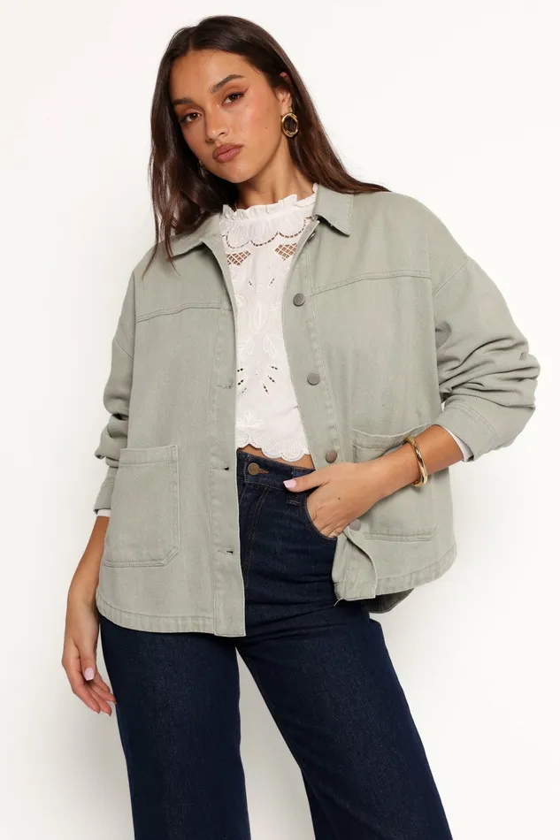 Delana Denim Jacket Green Women Jackets and Coats Petal and Pup