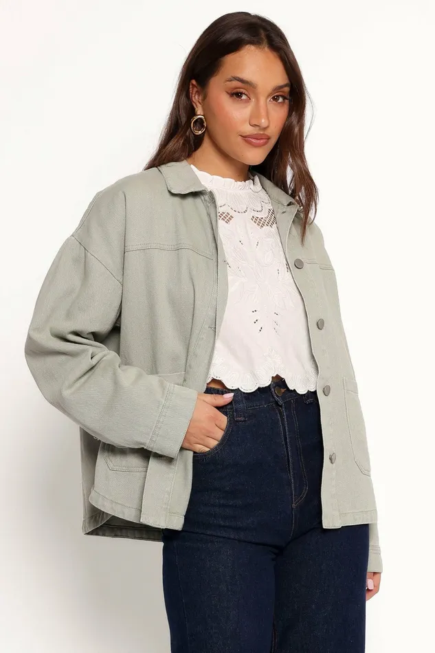 Delana Denim Jacket Green Women Jackets and Coats Petal and Pup
