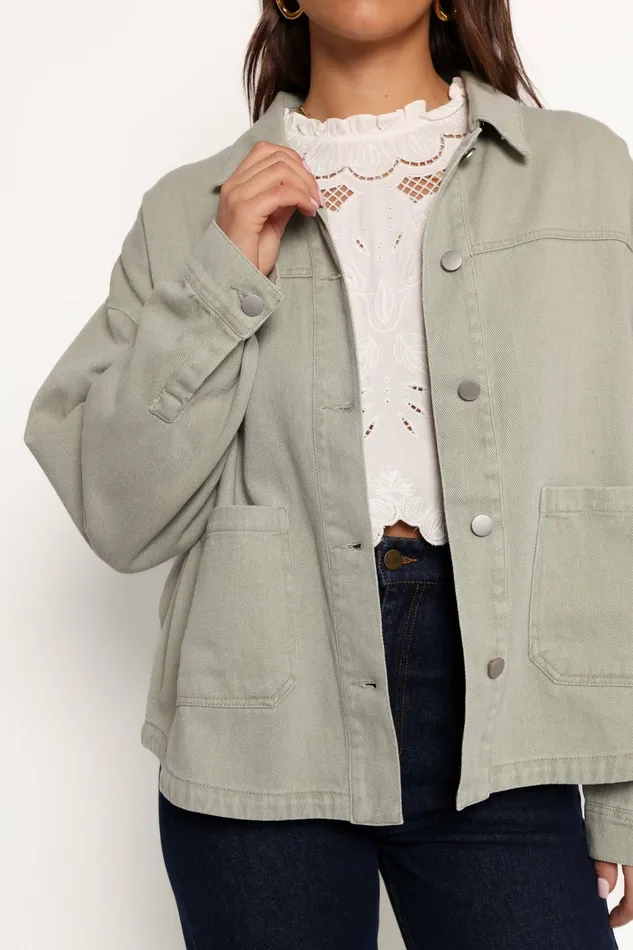 Delana Denim Jacket Green Women Jackets and Coats Petal and Pup