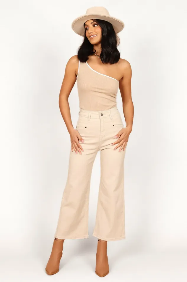 Denim Georgette High Waisted Straight Leg Pants Beige Petal and Pup Women