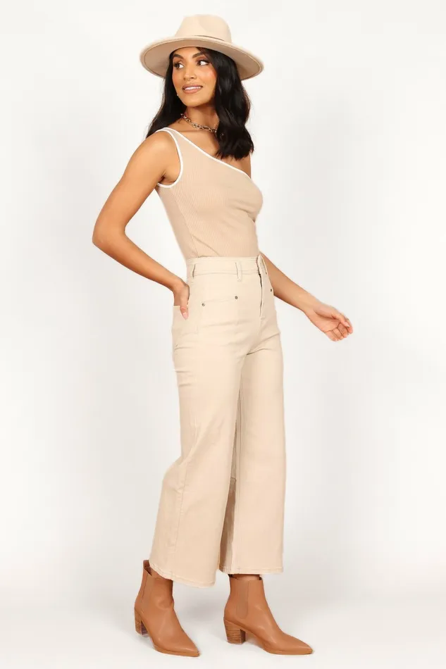 Denim Georgette High Waisted Straight Leg Pants Beige Petal and Pup Women
