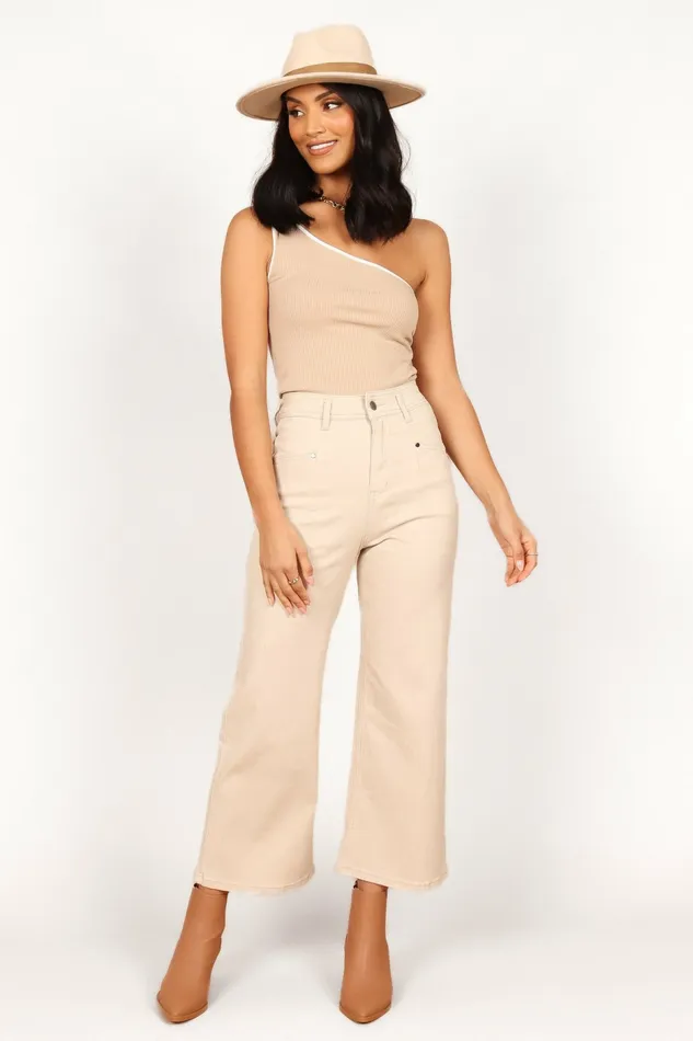 Denim Georgette High Waisted Straight Leg Pants Beige Petal and Pup Women