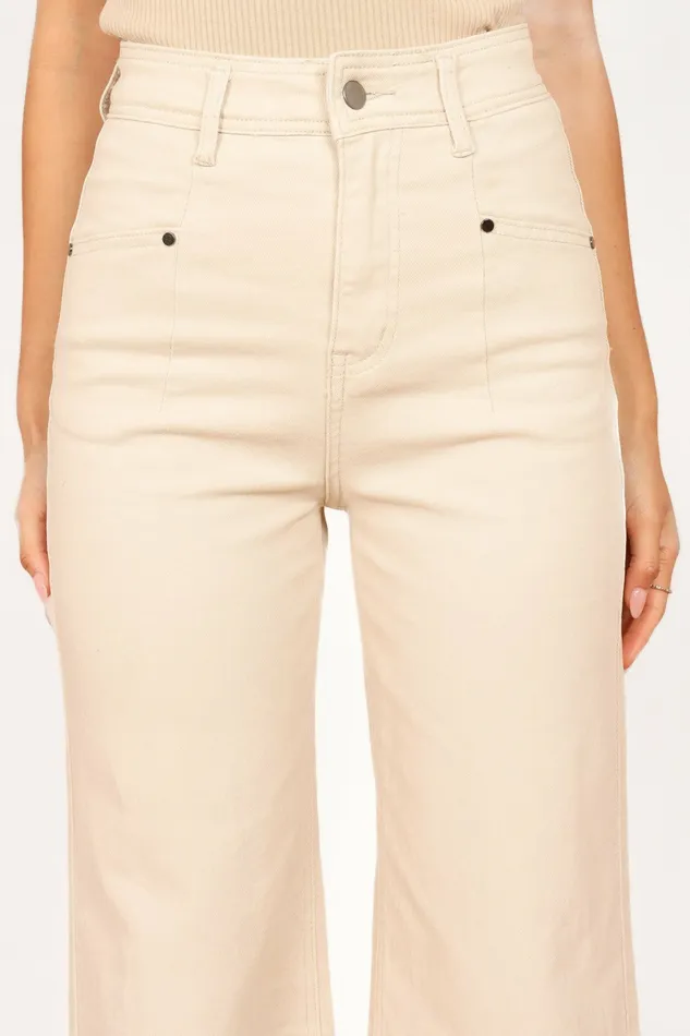 Denim Georgette High Waisted Straight Leg Pants Beige Petal and Pup Women