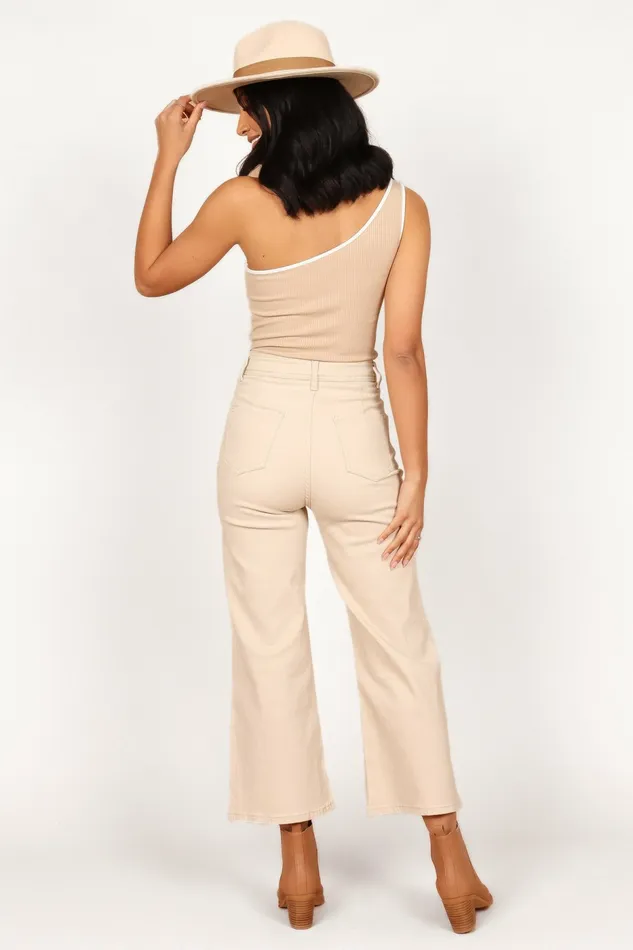 Denim Georgette High Waisted Straight Leg Pants Beige Petal and Pup Women