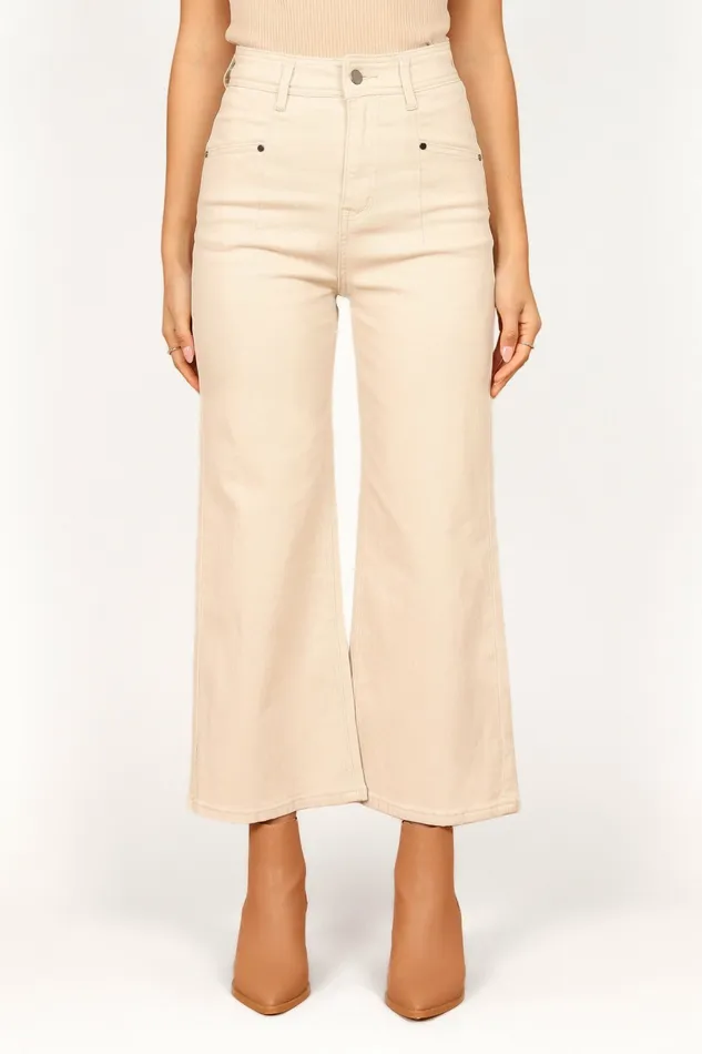Denim Georgette High Waisted Straight Leg Pants Beige Petal and Pup Women