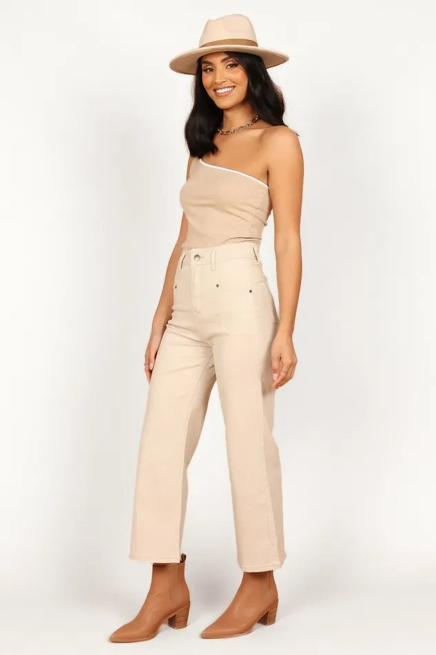 Denim Georgette High Waisted Straight Leg Pants Beige Petal and Pup Women