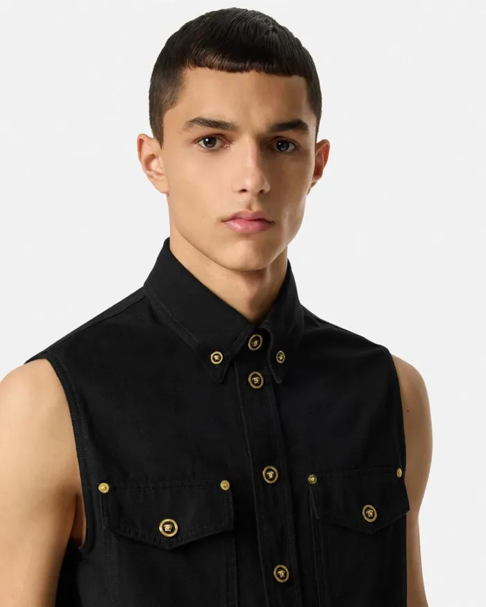 Denim Shirt Vest Black Men Versace Shirts