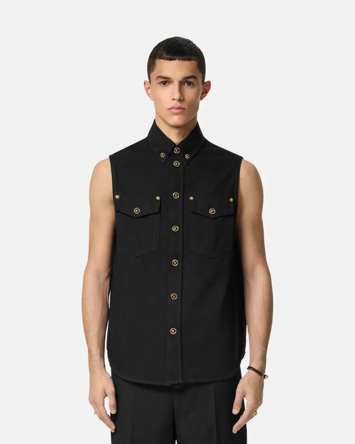 Denim Shirt Vest Black Men Versace Shirts