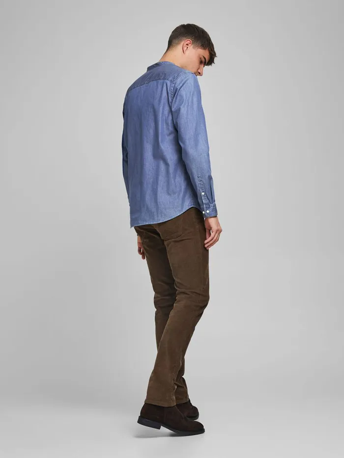 Denim Shirts JACK and JONES Mens SLIM FIT MANDARIN COLLAR DENIM SHIRT Blue Medium Blue Denim On Sale
