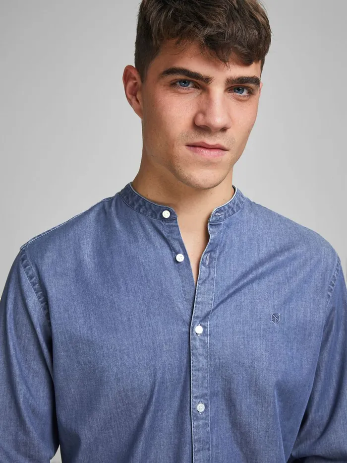 Denim Shirts JACK and JONES Mens SLIM FIT MANDARIN COLLAR DENIM SHIRT Blue Medium Blue Denim On Sale