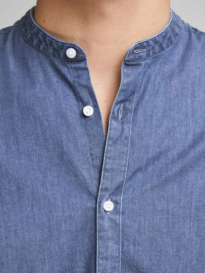 Denim Shirts JACK and JONES Mens SLIM FIT MANDARIN COLLAR DENIM SHIRT Blue Medium Blue Denim On Sale
