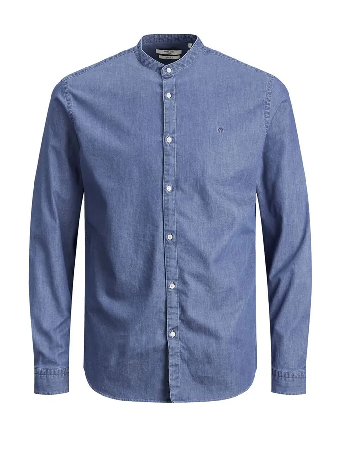 Denim Shirts JACK and JONES Mens SLIM FIT MANDARIN COLLAR DENIM SHIRT Blue Medium Blue Denim On Sale