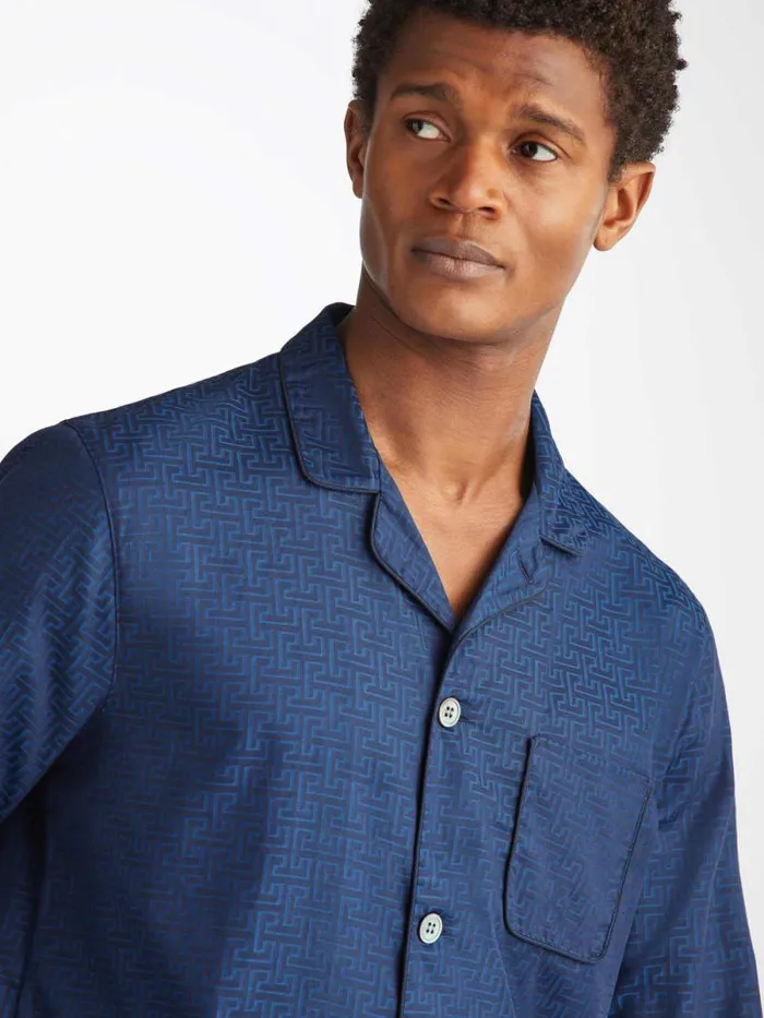 Derek Rose Cotton Pajamas Men Modern Fit Pajamas Paris 27 Cotton Jacquard Navy