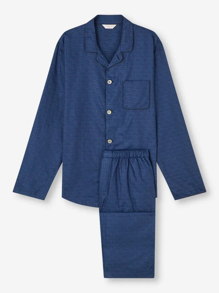 Derek Rose Cotton Pajamas Men Modern Fit Pajamas Paris 27 Cotton Jacquard Navy