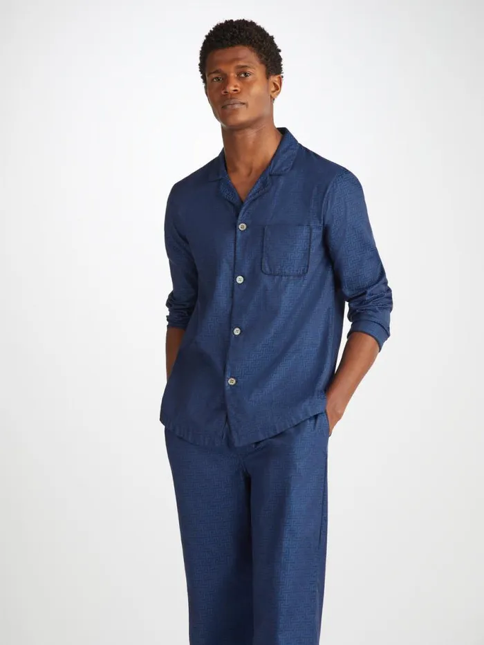 Derek Rose Cotton Pajamas Men Modern Fit Pajamas Paris 27 Cotton Jacquard Navy