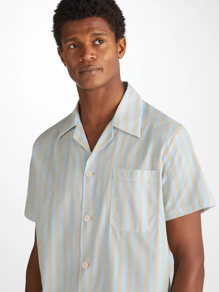 Derek Rose Cotton Pajamas Men Short Pajamas Amalfi 20 Cotton Batiste Blue