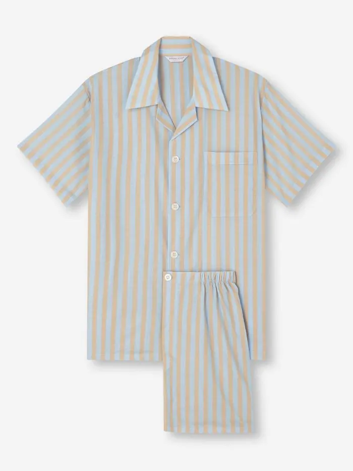 Derek Rose Cotton Pajamas Men Short Pajamas Amalfi 20 Cotton Batiste Blue