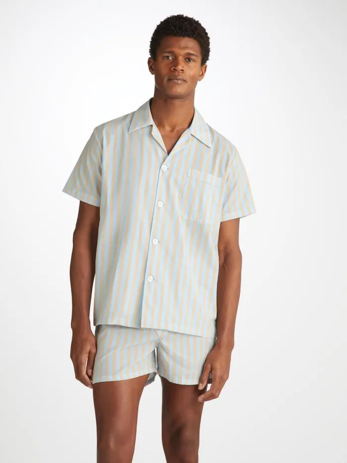 Derek Rose Cotton Pajamas Men Short Pajamas Amalfi 20 Cotton Batiste Blue