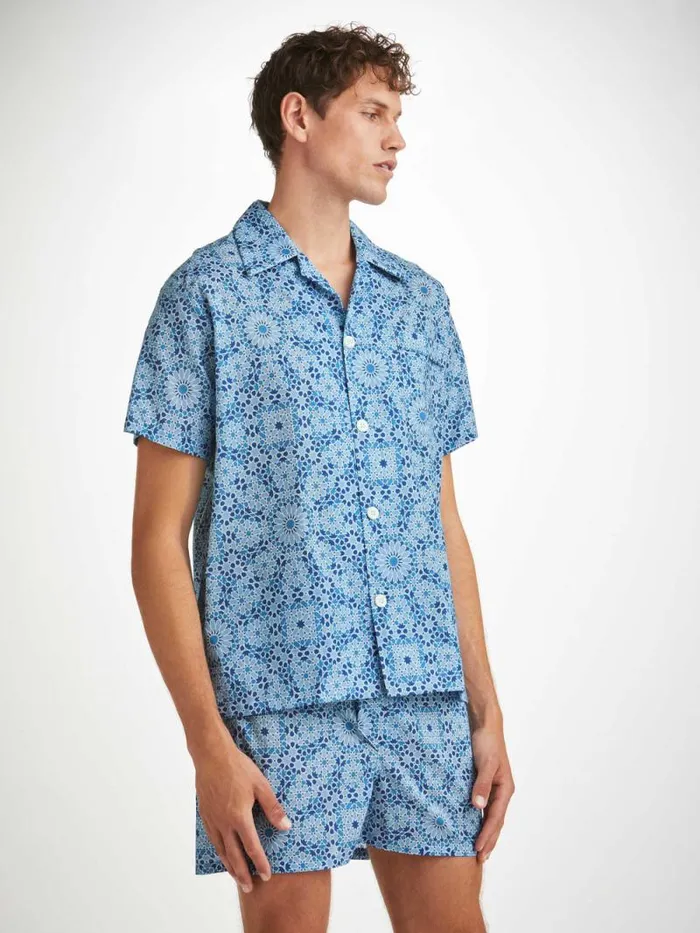 Derek Rose Cotton Pajamas Men Short Pajamas Ledbury 69 Cotton Batiste Blue