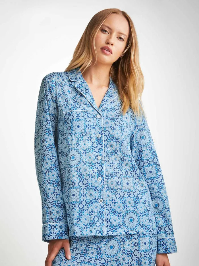 Derek Rose Cotton Pajamas Women Pajamas Ledbury 69 Cotton Batiste Blue