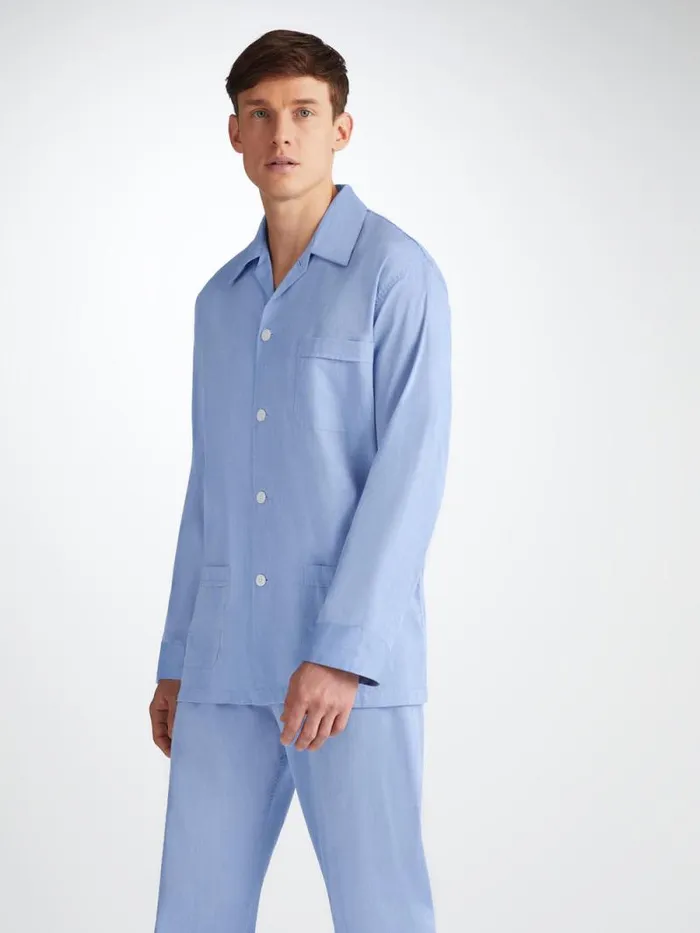 Derek Rose Long Pajamas Men Classic Fit Pajamas Amalfi Cotton Batiste Blue