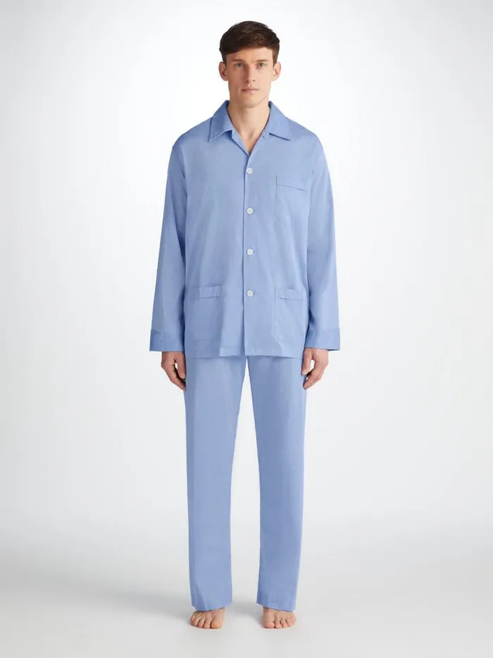 Derek Rose Long Pajamas Men Classic Fit Pajamas Amalfi Cotton Batiste Blue
