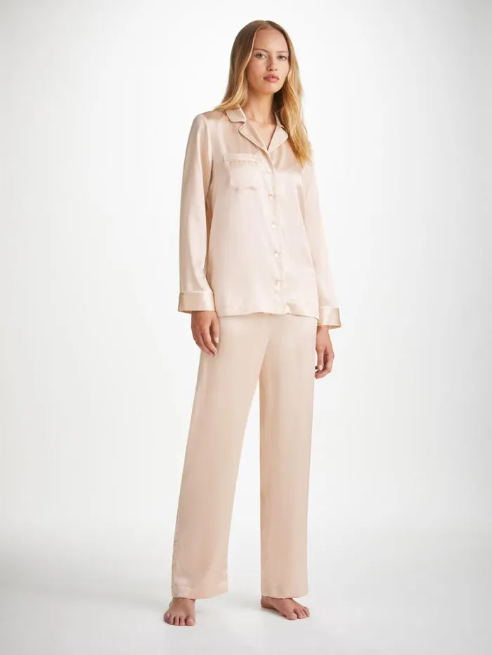 Derek Rose Long Pajamas Women Pajamas Bailey Silk Satin Champagne
