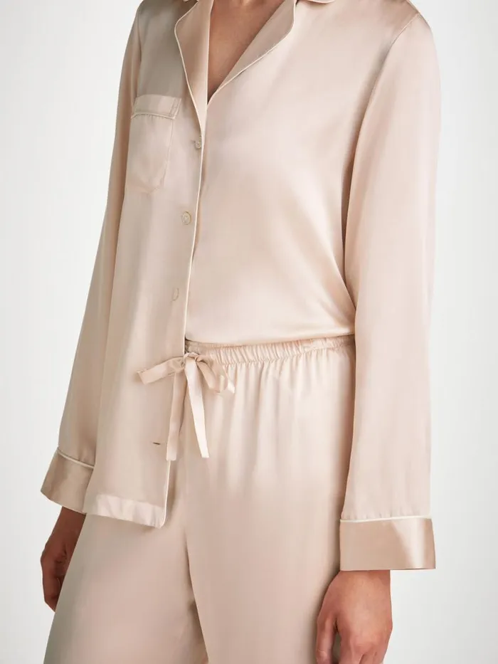Derek Rose Long Pajamas Women Pajamas Bailey Silk Satin Champagne