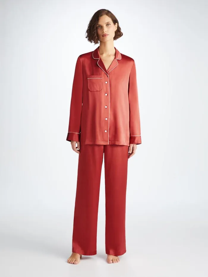 Derek Rose Long Pajamas Women Pajamas Bailey Silk Satin Rose Red