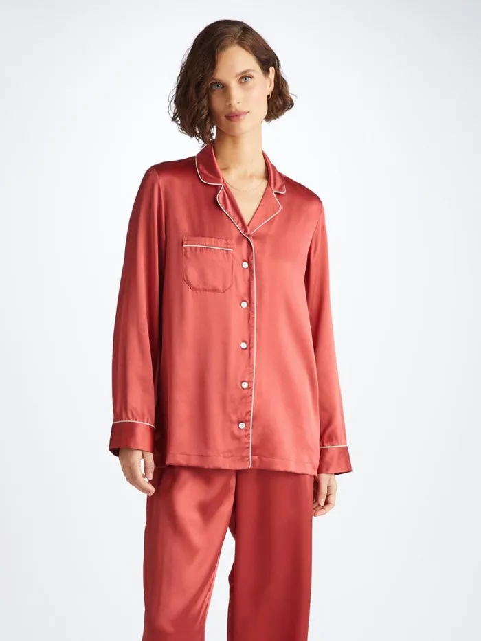 Derek Rose Long Pajamas Women Pajamas Bailey Silk Satin Rose Red