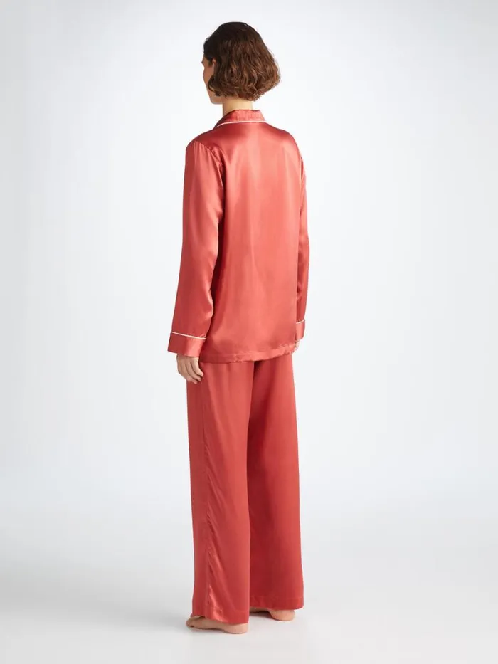 Derek Rose Long Pajamas Women Pajamas Bailey Silk Satin Rose Red