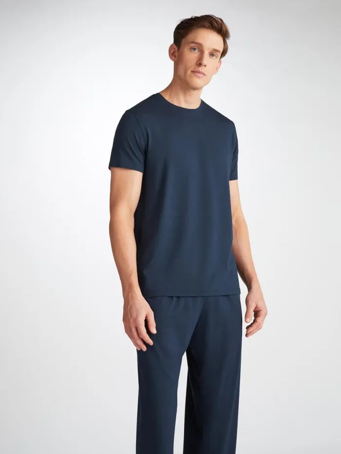 Derek Rose Short Sleeve TShirts Men TShirt Basel Micro Modal Stretch Navy