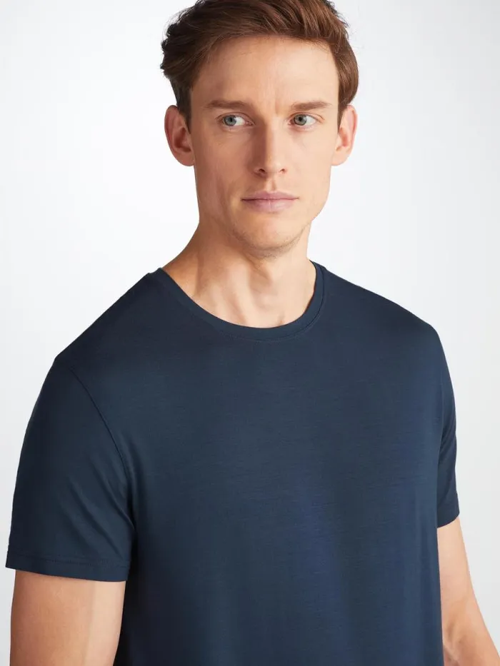 Derek Rose Short Sleeve TShirts Men TShirt Basel Micro Modal Stretch Navy