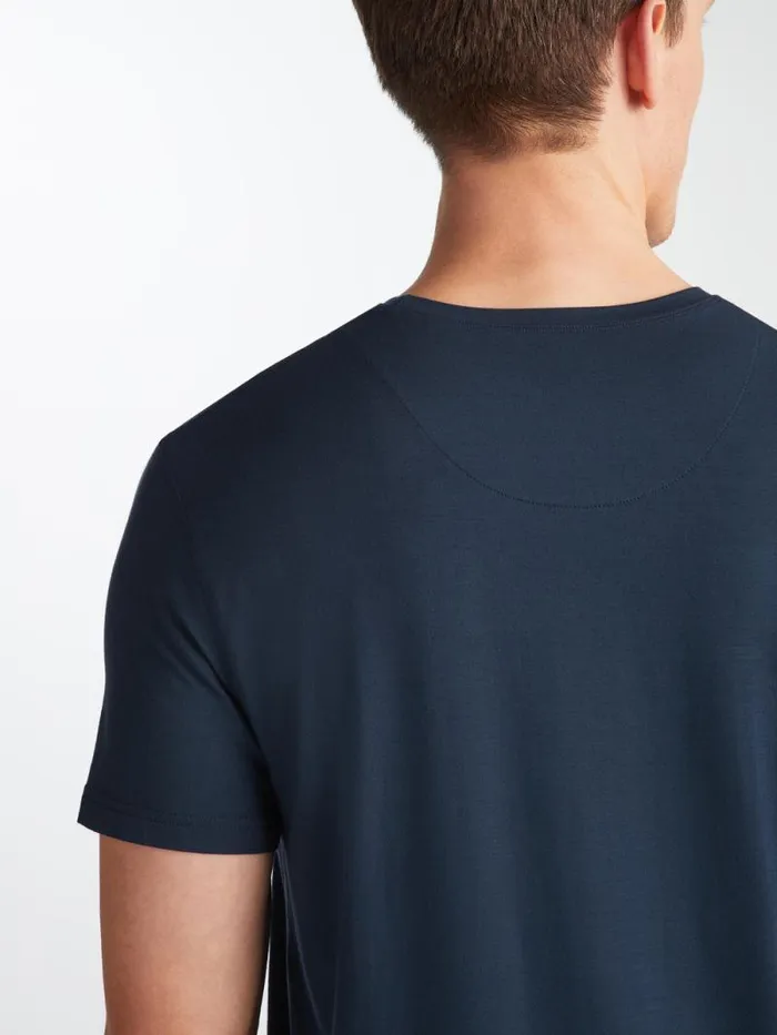 Derek Rose Short Sleeve TShirts Men TShirt Basel Micro Modal Stretch Navy