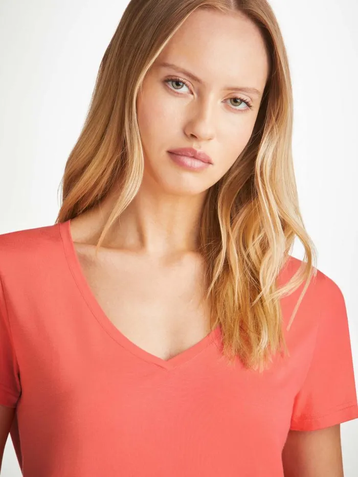 Derek Rose Short Sleeve TShirts Women VNeck TShirt Lara Micro Modal Stretch Coral Derek Rose Short Sleeve TShirts Women VNeck TShirt Lara Micro Modal Stretch Coral