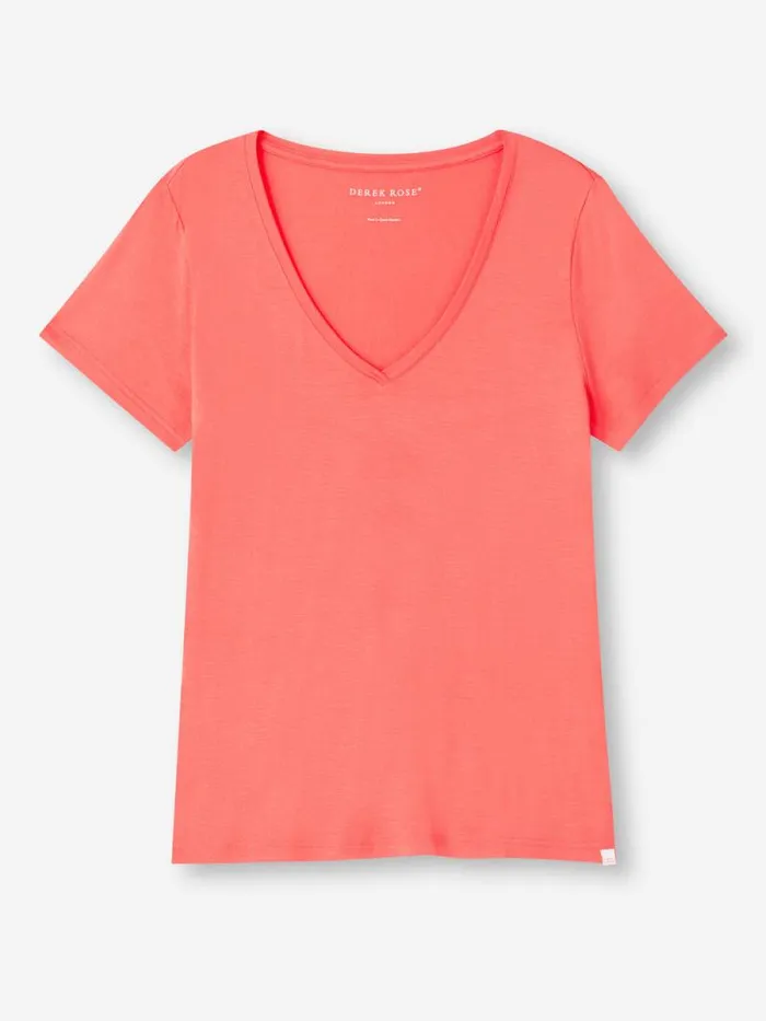Derek Rose Short Sleeve TShirts Women VNeck TShirt Lara Micro Modal Stretch Coral