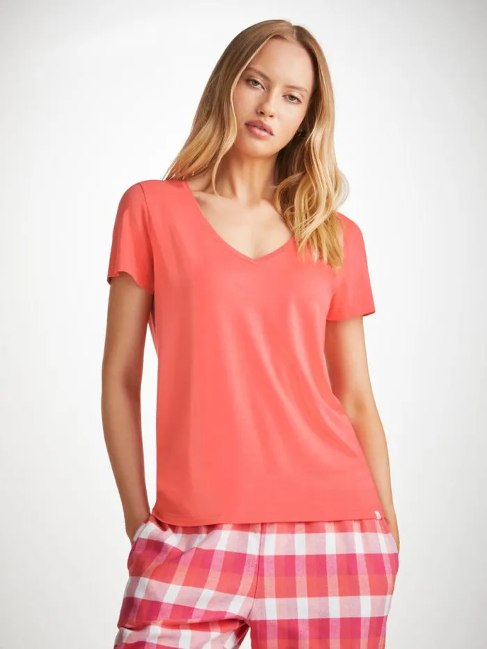 Derek Rose Short Sleeve TShirts Women VNeck TShirt Lara Micro Modal Stretch Coral