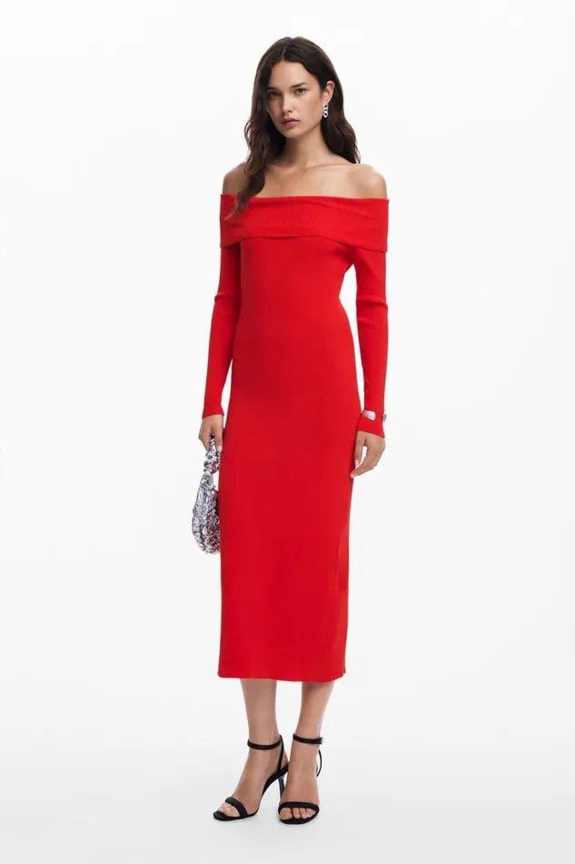 Dresses And Jumpsuits Women Desigual Bardot Neckline Dress Red