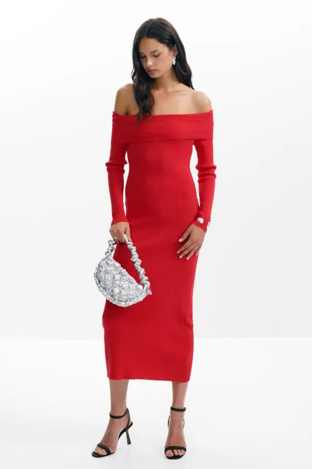 Dresses And Jumpsuits Women Desigual Bardot Neckline Dress Red