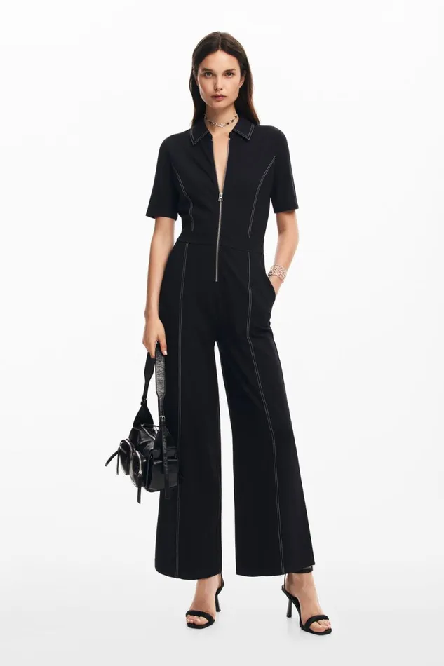 Dresses And Jumpsuits Women Desigual Long Jumpsuit With Topstitching Black