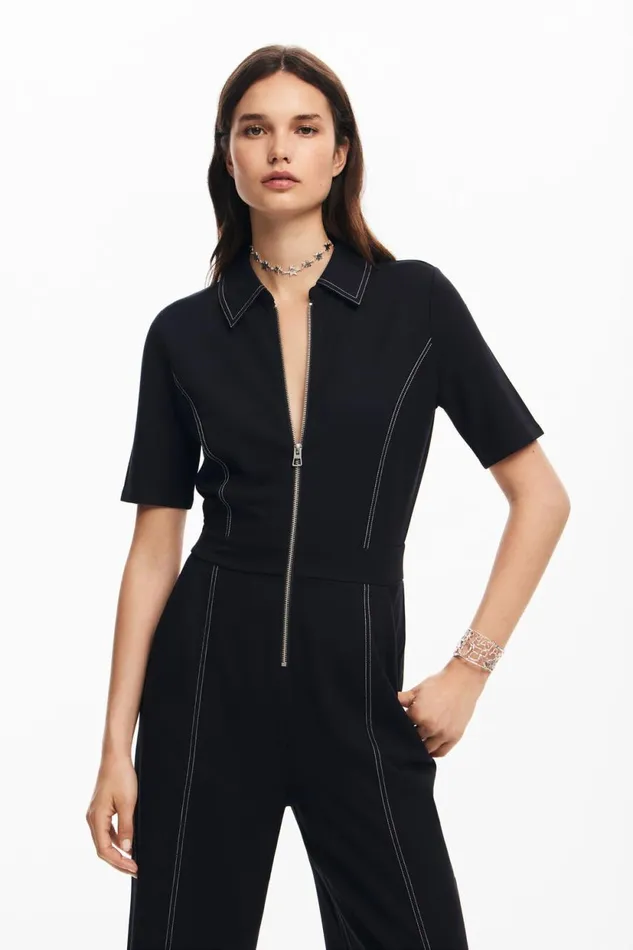Dresses And Jumpsuits Women Desigual Long Jumpsuit With Topstitching Black