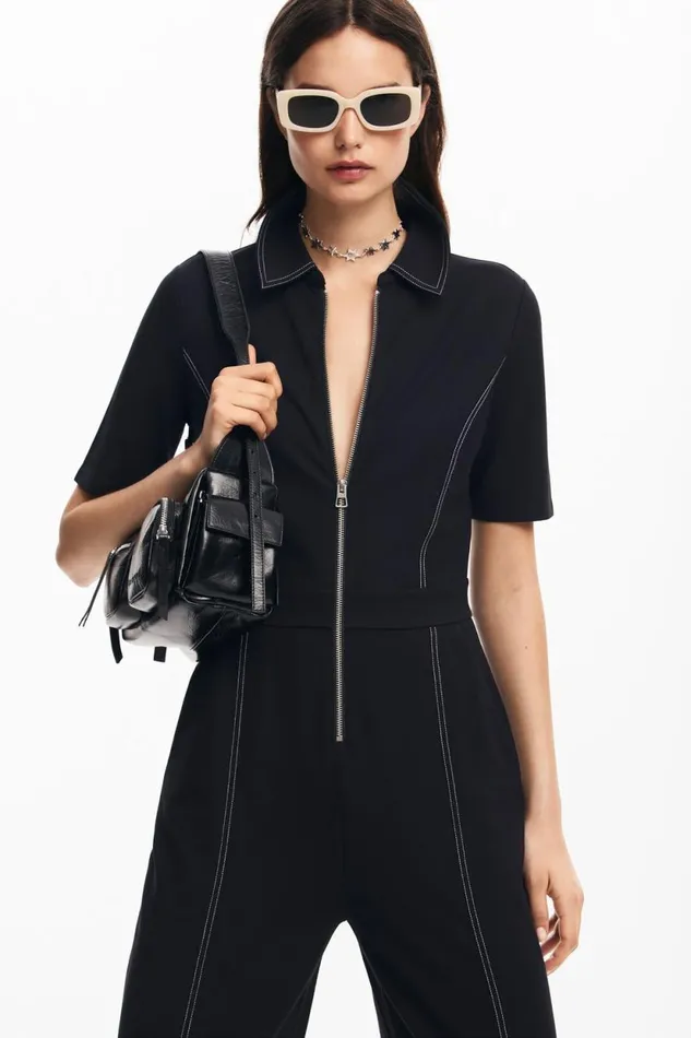 Dresses And Jumpsuits Women Desigual Long Jumpsuit With Topstitching Black