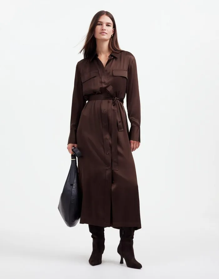 Dresses Women Madewell Silk Belted Midi Shirtdress Dark Carob