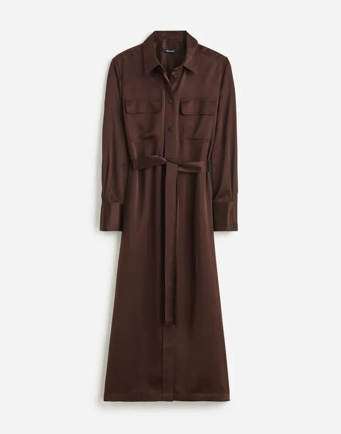 Dresses Women Madewell Silk Belted Midi Shirtdress Dark Carob