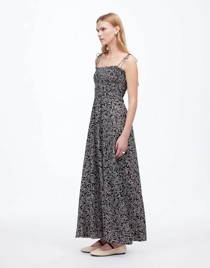 Dresses Women Madewell Smocked TieStrap Midi Dress In Floral Daisy Black Ground