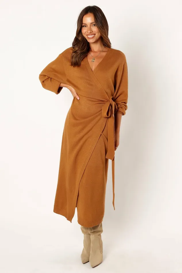 Dresses Women Nova Wrap Knit Midi Dress Camel Petal and Pup