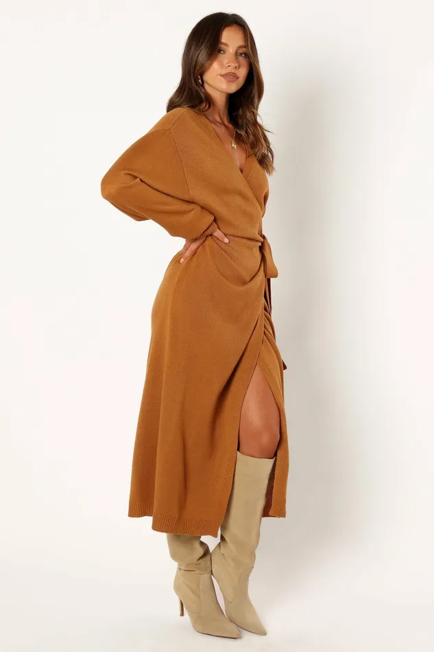 Dresses Women Nova Wrap Knit Midi Dress Camel Petal and Pup
