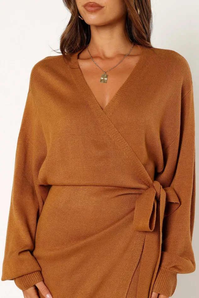 Dresses Women Nova Wrap Knit Midi Dress Camel Petal and Pup