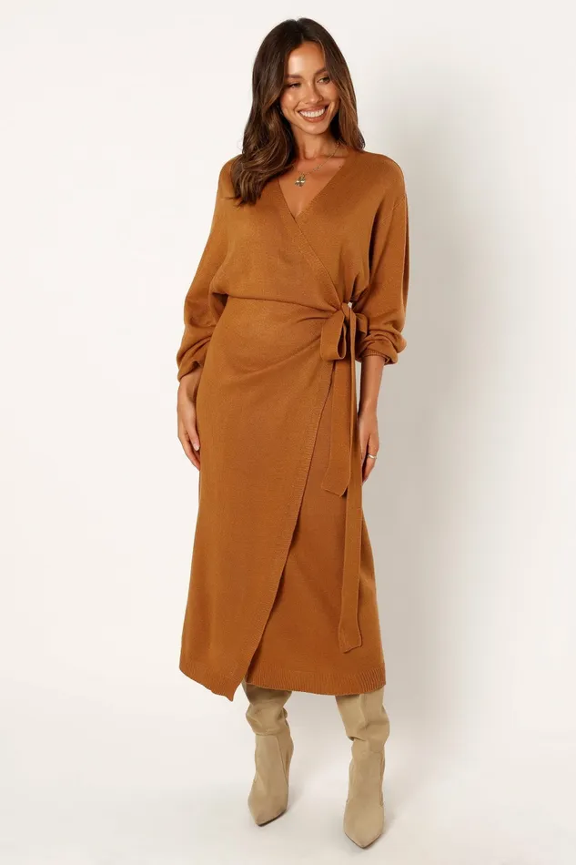 Dresses Women Nova Wrap Knit Midi Dress Camel Petal and Pup